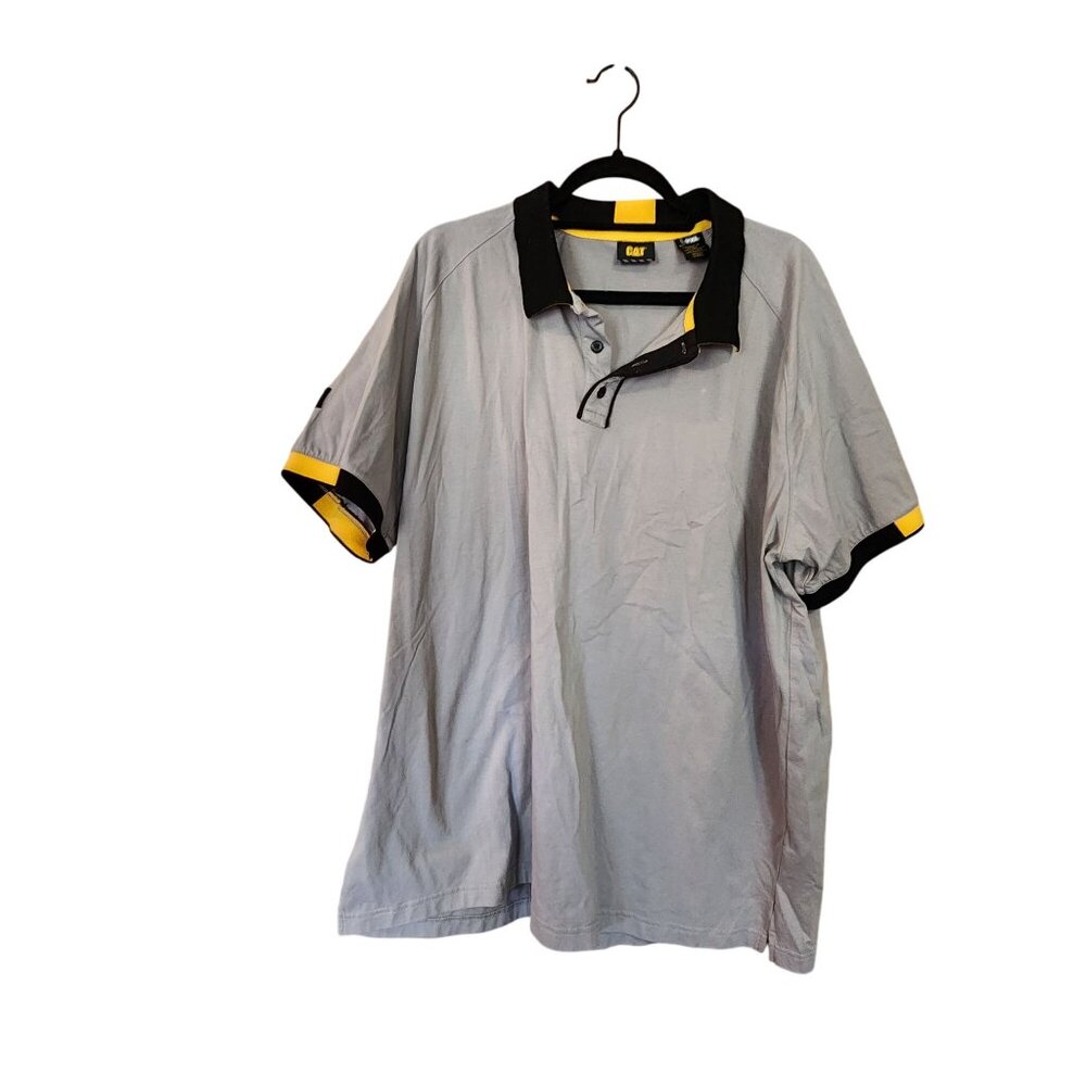 CAT Mens 2XL Gray & Yellow Polo Shirt Short Sleeve Workwear Cotton Blend